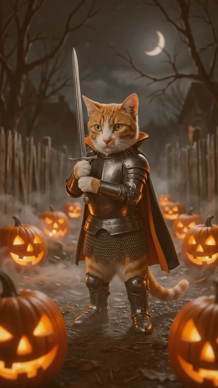 AI pet Halloween costume still of a pet in a pumpkin outfit