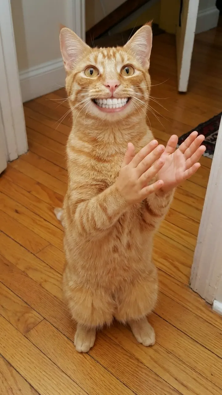 Sample orange cat standing upright and clapping