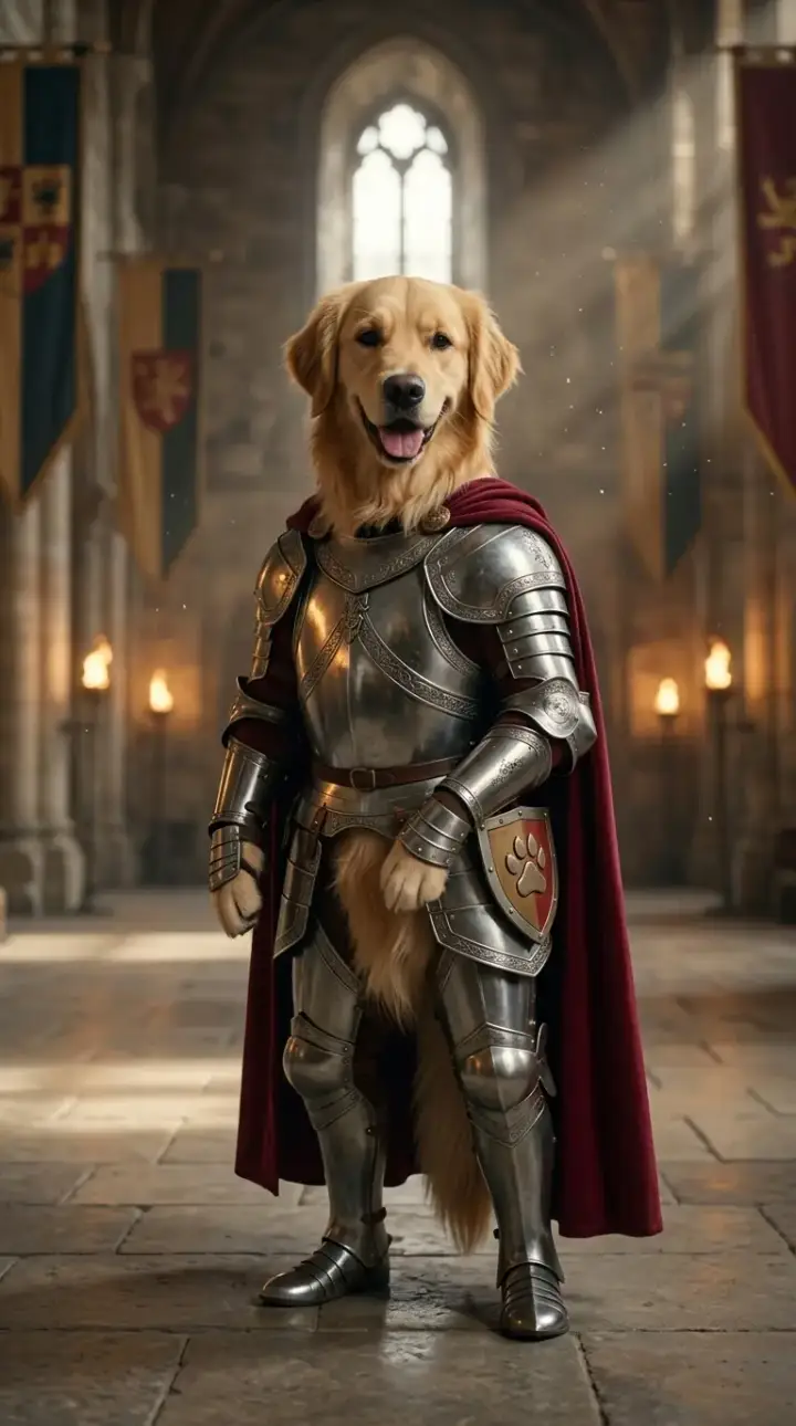 Golden retriever as an armored knight
