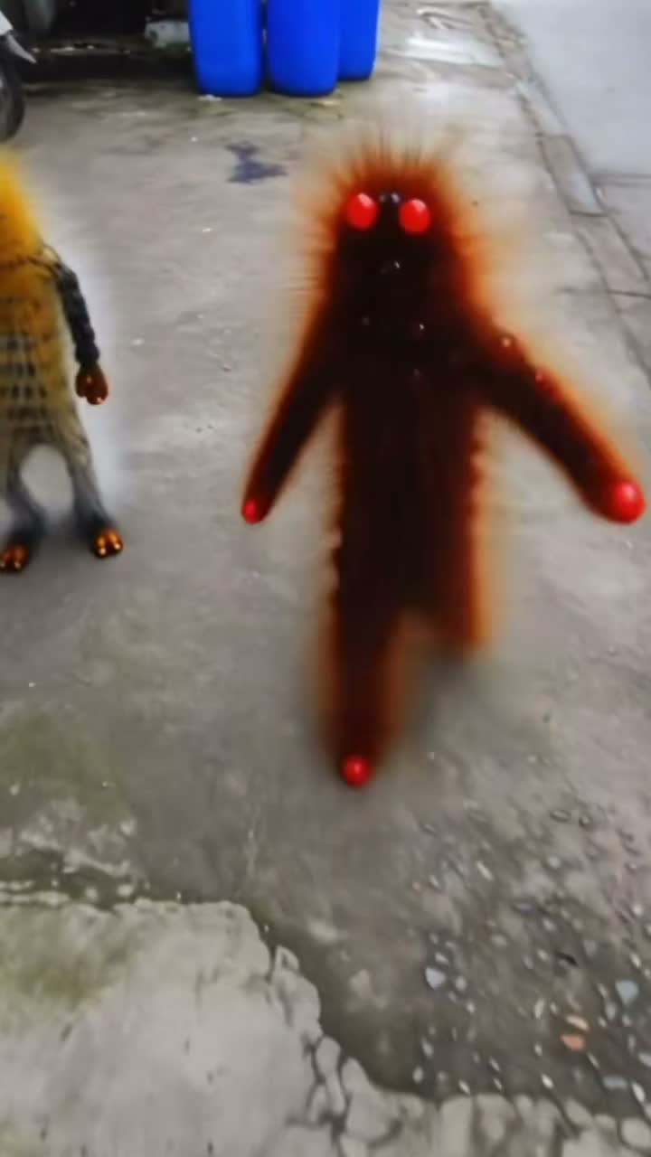Two furry street monsters taking turns kicking at the camera on a grey side street, TikTok trend clip