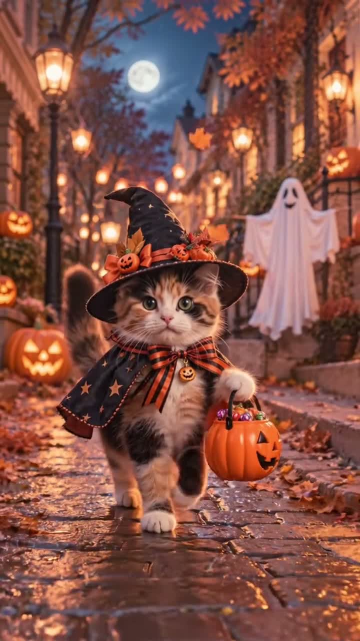 Kittens in Halloween costumes walking down a pumpkin-lit street, TikTok trend clip