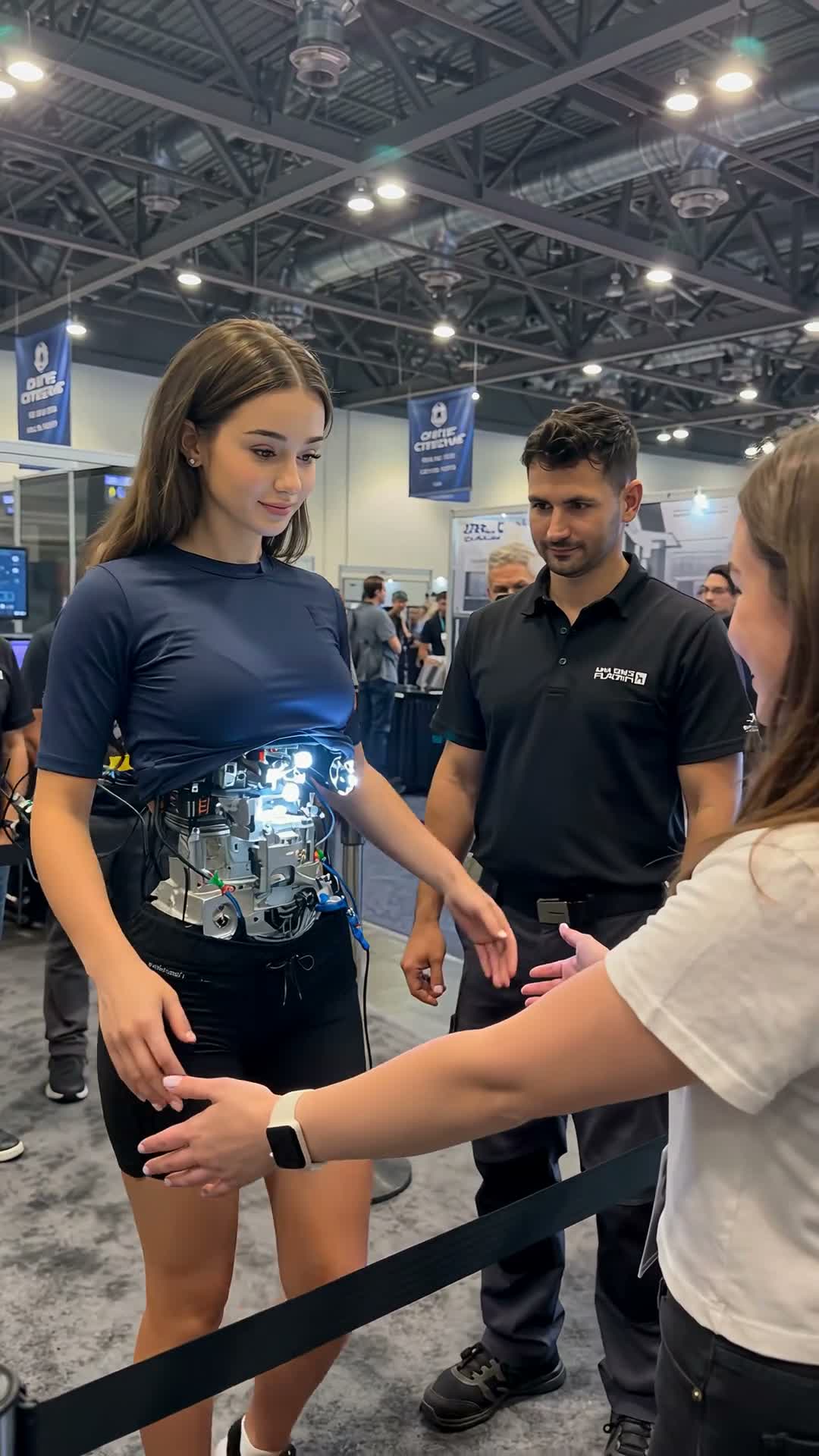 Android with a glowing mechanical core hugging a visitor at a tech expo booth, TikTok trend clip