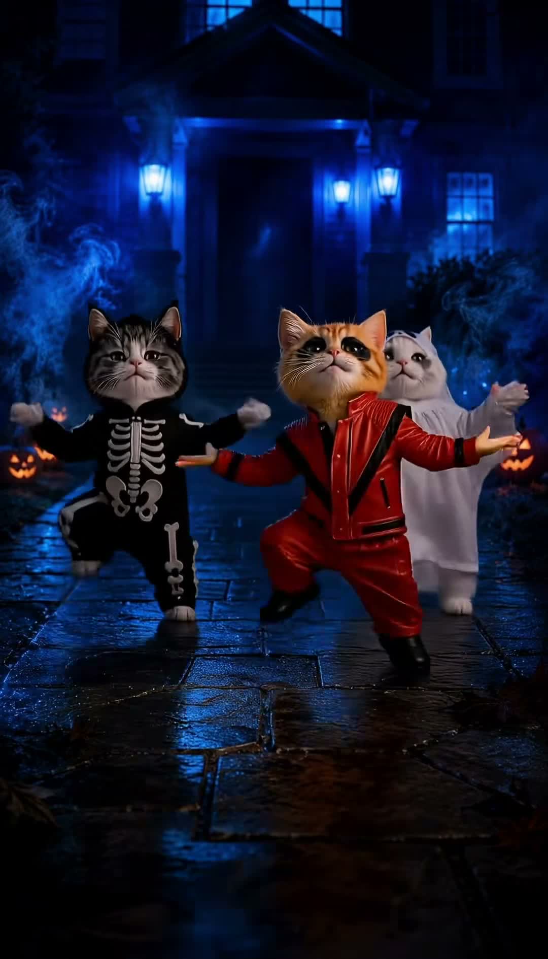 Three kittens in Halloween costumes doing the zombie dance on a haunted street, TikTok trend clip